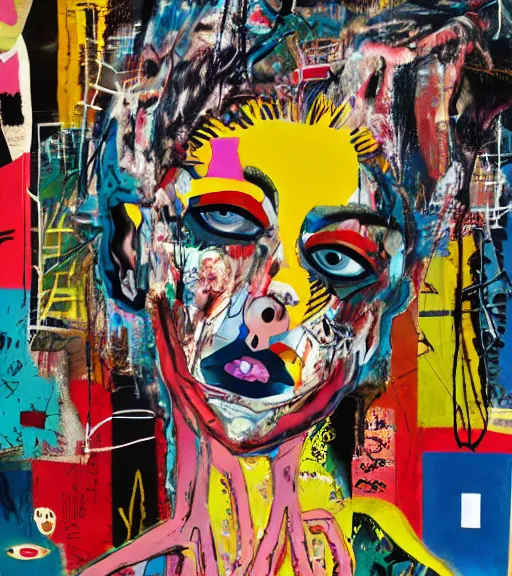 Prompt: acrylic painting of a bizarre psychedelic woman in japan surrounded by sadness, mixed media collage by basquiat and jackson pollock, maximalist magazine collage art, retro psychedelic illustration