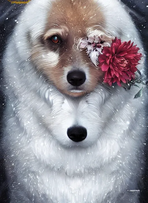 Prompt: Hyperrealistic beautiful sexy ethereal national geographic magazine cover white north pole dog portrait, art nouveau, fantasy, intricate flower designs, elegant, highly detailed, sharp focus, art by Artgerm and Greg Rutkowski and WLOP