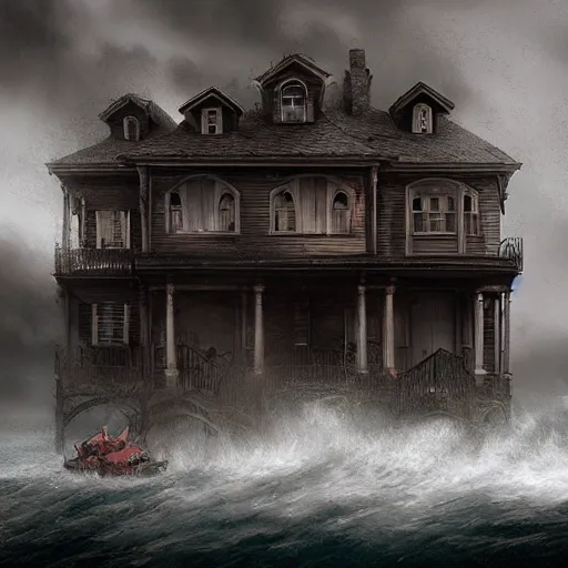 Image similar to haunted house floating in water, storm approaching, stylized, artgerm, artstation, hd, cgsociety, cgi, realistic, dramatic, cinematic, artistic, trending, detailed