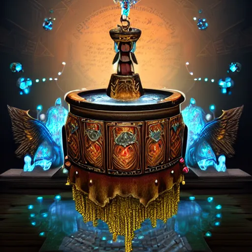 Prompt: transparent chest with a message inside it is decorated with jewels and hangs from the neck of a valkyrie with armor, in the background you can see the fountain of a park. digital art, fantasy art, photo realistic, dynamic lighting, artstation, poster, volumetric lighting, hyperrealistic, 4 k, award winning