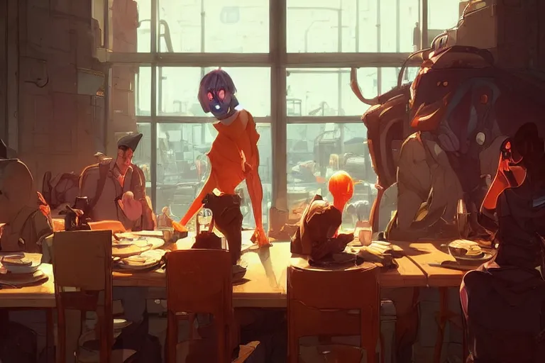 Image similar to a worried person in a crowded busy dystopian cafeteria interior behance hd artstation by jesper ejsing, by rhads, makoto shinkai and lois van baarle, ilya kuvshinov, ossdraws, that looks like it is from borderlands and by feng zhu and loish and laurie greasley, victo ngai, andreas rocha