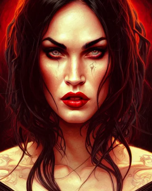 Image similar to portrait of megan fox as purgatori, vampire, horns, red skin, chaos comics, coffin comics, hell, intricate, headshot, highly detailed, digital painting, artstation, concept art, sharp focus, cinematic lighting, illustration, art by artgerm and greg rutkowski, alphonse mucha, cgsociety