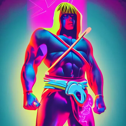 Prompt: he - man in hoodie, portrait, vaporwave, synthwave, neon, vector graphics, cinematic, volumetric lighting, f 8 aperture, cinematic eastman 5 3 8 4 film