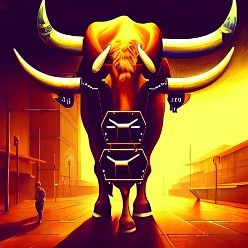 Image similar to a painting of a bull with a gold coin on its back, cyberpunk art by Mike 'Beeple' Winkelmann, instagram contest winner, fantasy art, art on instagram, concept art, dystopian art