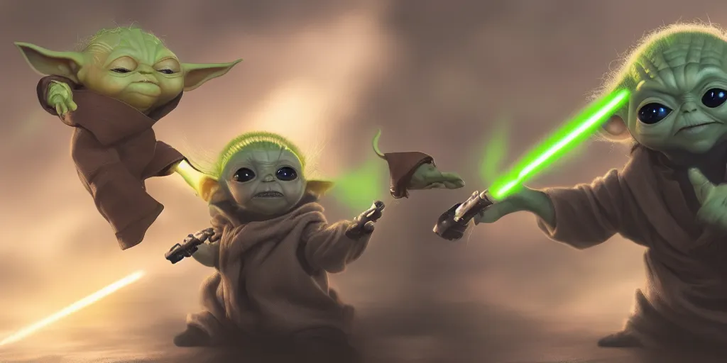 Image similar to Baby Yoda is fighting Thanos, hyperdetailed, artstation, cgsociety, 8k