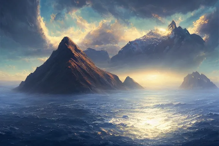 Image similar to a mountain floats upside down in the blue ocean from underwater cinematic fantasy painting by jessica rossier