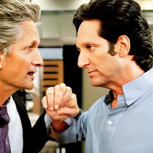 Prompt: paul rudd punching michael douglas in the stomach