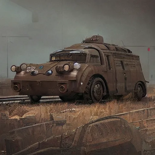 Image similar to a highly detailed epic cinematic concept art CG render digital painting artwork: dieselpunk patrol car inspired by a locomotive. By Greg Rutkowski, Ilya Kuvshinov, WLOP, Stanley Artgerm Lau, Ruan Jia and Fenghua Zhong, trending on ArtStation, subtle muted cinematic colors, made in Maya, Blender and Photoshop, octane render, excellent composition, cinematic atmosphere, dynamic dramatic cinematic lighting, precise correct anatomy, aesthetic, very inspirational, arthouse