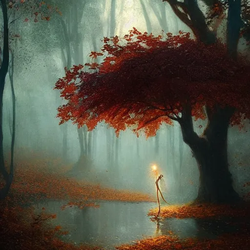 Prompt: portrait of a dryad, autumn maples by greg rutkowski dark mysterious, filtered evening light
