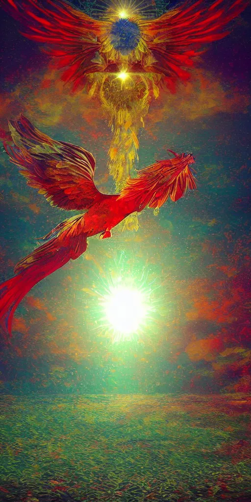 Image similar to the solarpunk phoenix, red bird, ornate egg, regeneration, landscape, epic composition, volumetric light, bokeh, inspired by monet and by alphonse mucha