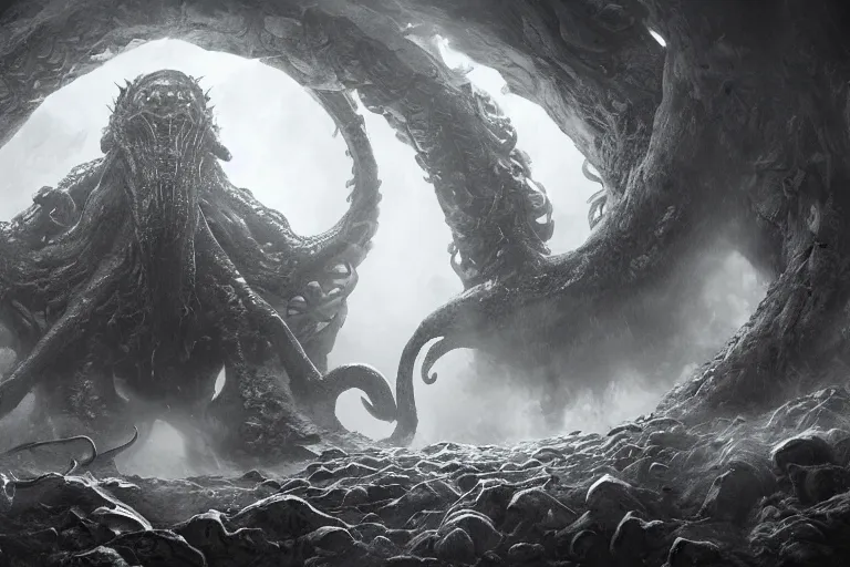 Image similar to a giant lovecraft creature going through a hell portal, dark vives, volumetric mist, intrincate details, trending on artstation