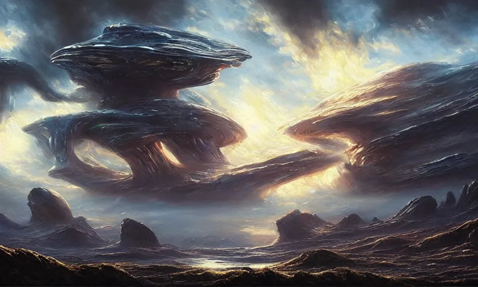 Prompt: the most beautiful landscape, oil painting, alien breathtaking landscape, giant spaceship, cinematic lighting, highly detailed, very realistic