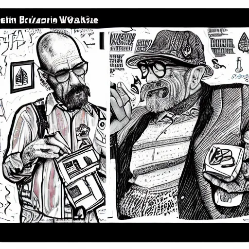 Image similar to The Artwork of R. Crumb and his Cheap Suit Breaking-Bad-Walter-White meth-lab, wearing a bio-hazard suit pencil and colored marker artwork, trailer-trash lifestyle