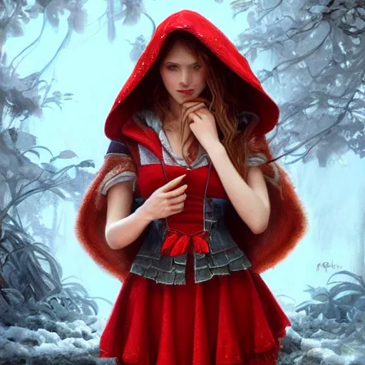 Image similar to ultra realistic illustration, bella thorne as little red riding hood, intricate, elegant, highly detailed, digital painting, artstation, concept art, smooth, sharp focus, illustration, art by artgerm and greg rutkowski and alphonse mucha