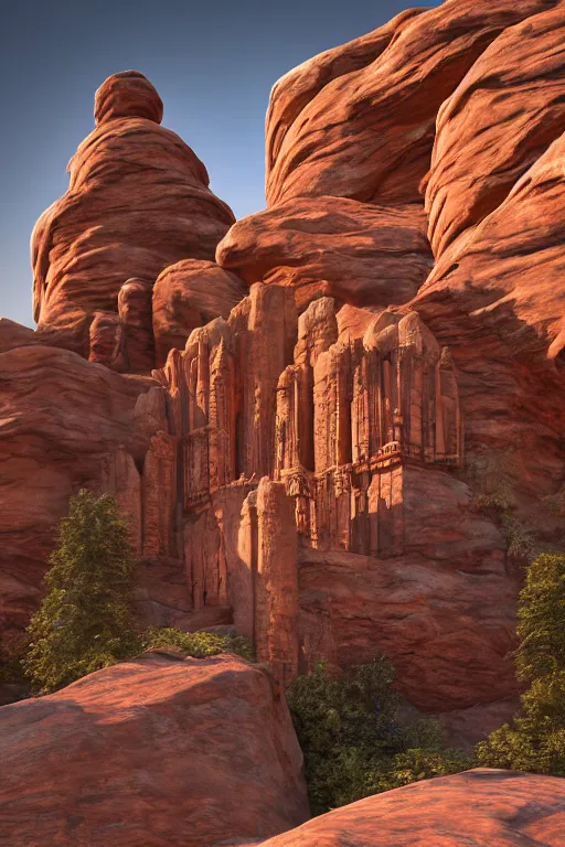 Prompt: beautiful dwelling complex of sandstone, built in red rock canyon, a fusion of star wars and gothic revival architecture, natural volumetric lighting, realistic high detail 4 k render