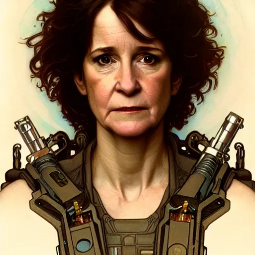 Prompt: full portrait of holly hunter as ellen ripley, fantasy, d & d, intricate, detailed, by by alphonse mucha, adolfo hohenstein, alice russell glenny, stanley artgerm lau, greg rutkowski, detailed, trending on artstation, trending on artstation, smooth