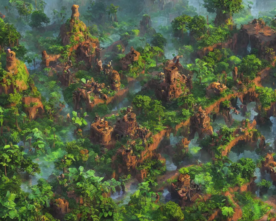 Image similar to craig mullins illustration of the beastlands, isometric, made with voxels, avatar ( 2 0 0 9 ), lush landscape, jungle landscape