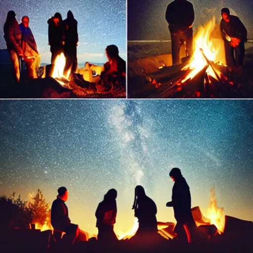Prompt: 6 people around a campfire, angles in the sky, artistic