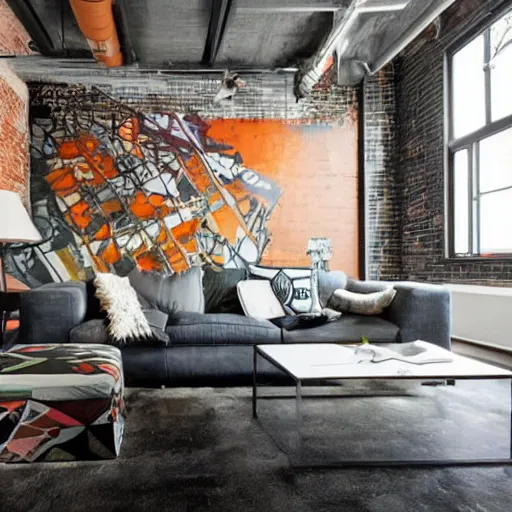 Image similar to trendy downtown loft with contemporary murals on the wall, modern textures, and patterns, interior design, gorgeous architecture