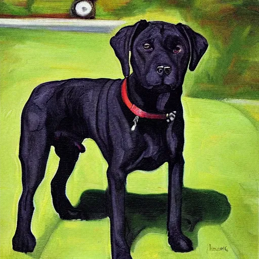 Prompt: painting of a black pitbull lab