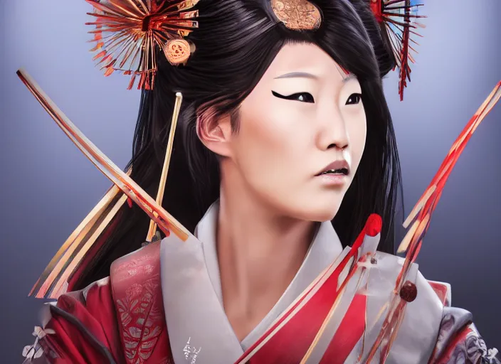 Prompt: jenny kim as geisha warrior concept art, symmetrical, rule of three, detailed body, detailed face, ultradetailed digital illustration, 8 k, epic atmosphere, digital art by dang my linh and simon cowell