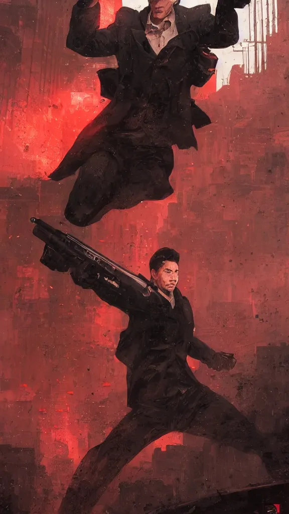 Image similar to portrait, of a spy with a gun, book cover, red and black colors, city establishing shot, extremly high detail, foto realistic, cinematic lighting, by Yoshitaka Amano, Ruan Jia, Kentaro Miura, Artgerm, post processed, concept art, artstation, matte painting, style by eddie mendoza, raphael lacoste, alex ross
