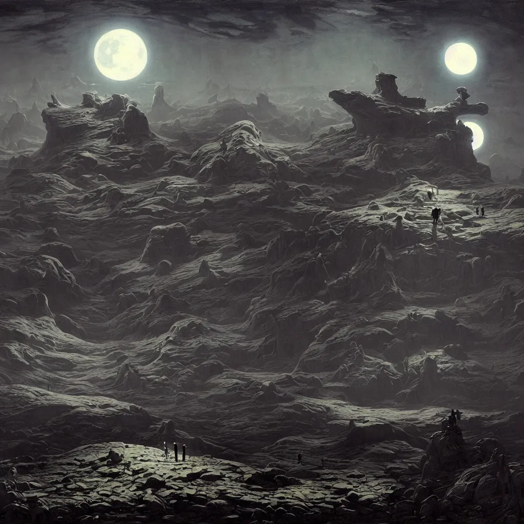 Prompt: a surreal and awe - inspiring science fiction landscape, moon in the sky looks like a skull, intricate, elegant, highly detailed matte painting by george bellows and simon stalenhag