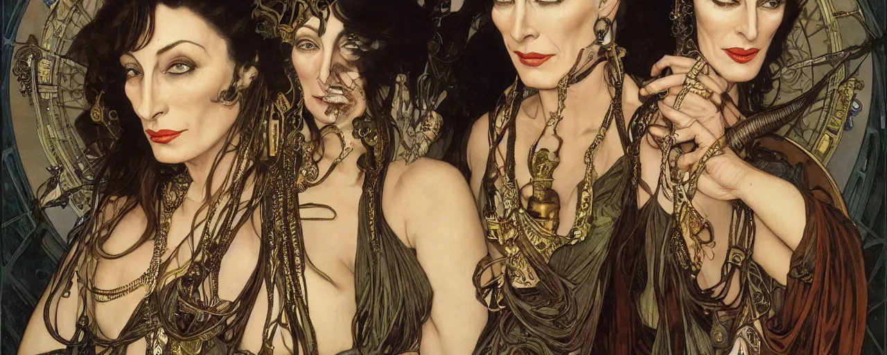 Image similar to stunning exotic art nouveau portrait of anjelica huston as an industrial dieselpunk queen of the night by glenn fabry, simon bisley and alphonse mucha, photorealism, extremely hyperdetailed, perfect symmetrical facial features, perfect anatomy, ornate declotage, spikes, latex, confident expression, wry smile, sinister eyes