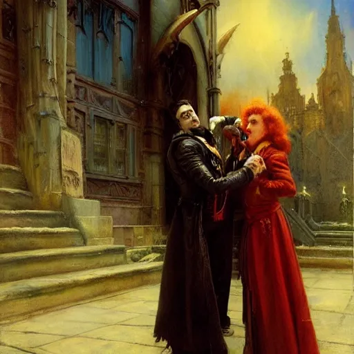 Image similar to attractive male, arthur pendragon confesses his love to attractive male dracula the vampire. highly detailed painting by gaston bussiere, craig mullins, j. c. leyendecker 8 k