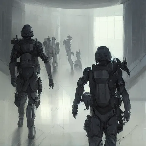 Image similar to concept art by greg rutkowski, soldiers wearing futuristic white and black tactical gear, preparing for combat, brutalist futuristic interior, dim lighting, detailed portraits, nostalgic atmosphere, scifi, digital painting, artstation, concept art, smooth, sharp foccus ilustration, artstation hq