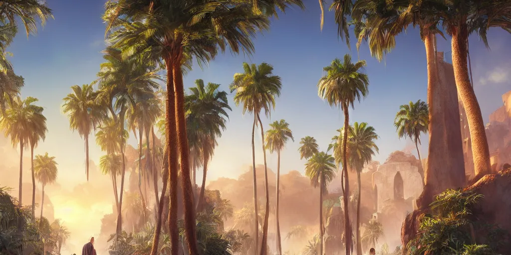 Image similar to beautiful oasis waterfalls surrounded by palm trees moroccan tile archways, date trees, ivory towers sunset peter morbacher ross tran angelarium greg rutkowski alchemy luxury heavenly light soft illumination, trending on artstation cinematic lighting digital painting octane render, artgerm