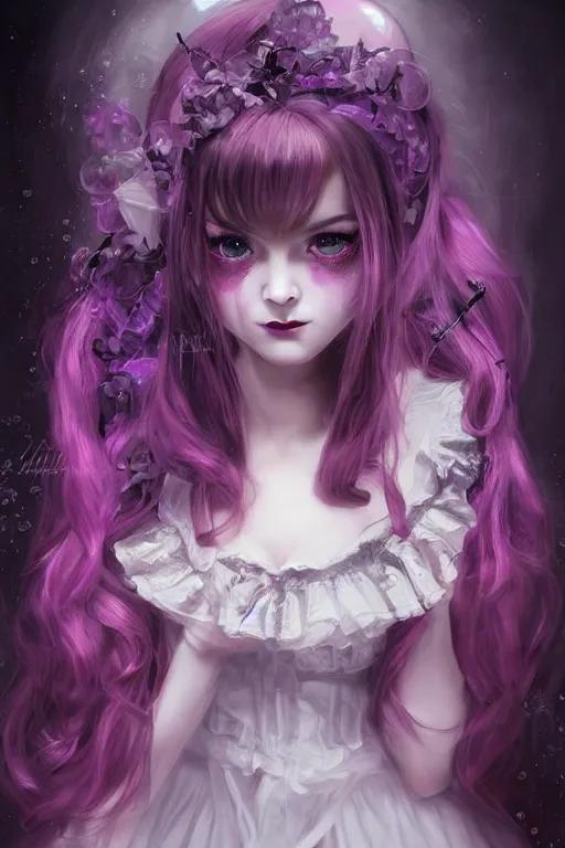 Prompt: gothic lolita girl portrait, dreamy and ethereal, expressive pose, big eyes, tender expression, exciting, fantasy, intricate, elegant, many rainbow bubbles, pink tones, purple, very detailed, digital painting, artstation, concept art, cyberpunk wearing, soft, sharp focus, illustration, art by artgerm and greg rutkowskiand alphonse much