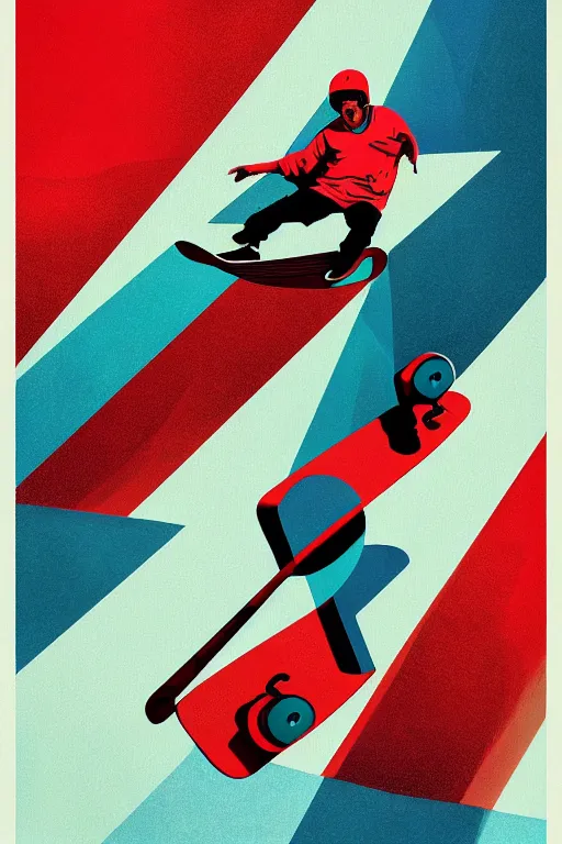 Prompt: a poster of a person riding a skateboard, an ultrafine detailed painting by petros afshar, behance contest winner, geometric abstract art, reimagined by industrial light and magic, behance hd, anaglyph effect