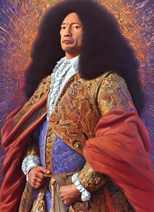 Image similar to beautiful oil painting, portrait of Dwayne the rock Johnson as Louis xiv in coronation robes 1701, Dan Mumford, dan Mumford, Dan Mumford, Alex grey, Alex grey, lsd visuals, dmt fractal patterns, entheogen, psychedelic, hallucinogen, coherent, highly detailed, ornate, vaporwave