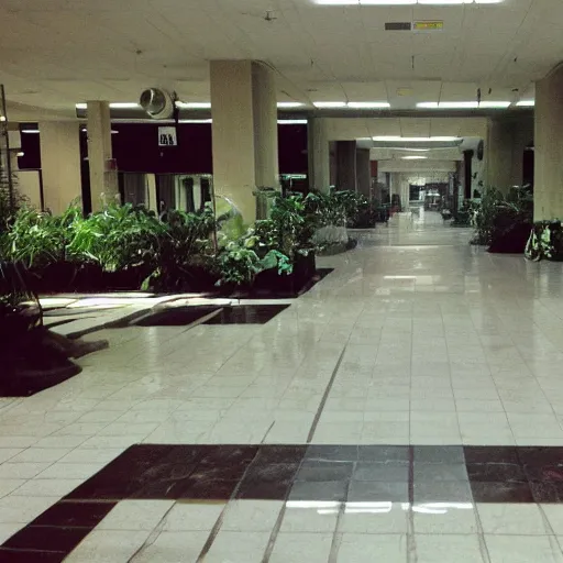 Image similar to Beautiful cameraphone 2000s, soft liminal Photograph of foggy abandoned mall with water on the floor plants growing