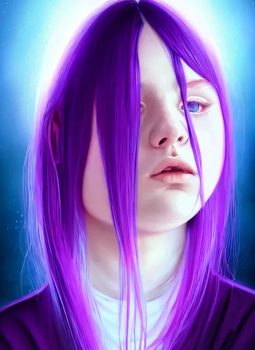 Image similar to hair whitebangs hair, black hair, whitebangs, portrait of teenage girl with white bangs, red irises, purple clothes, white bangs, bangs are different color from hair, intricate, elegant, glowing lights, highly detailed, digital painting, artstation, concept art, smooth, sharp focus, illustration, art by wlop, mars ravelo and greg rutkowski