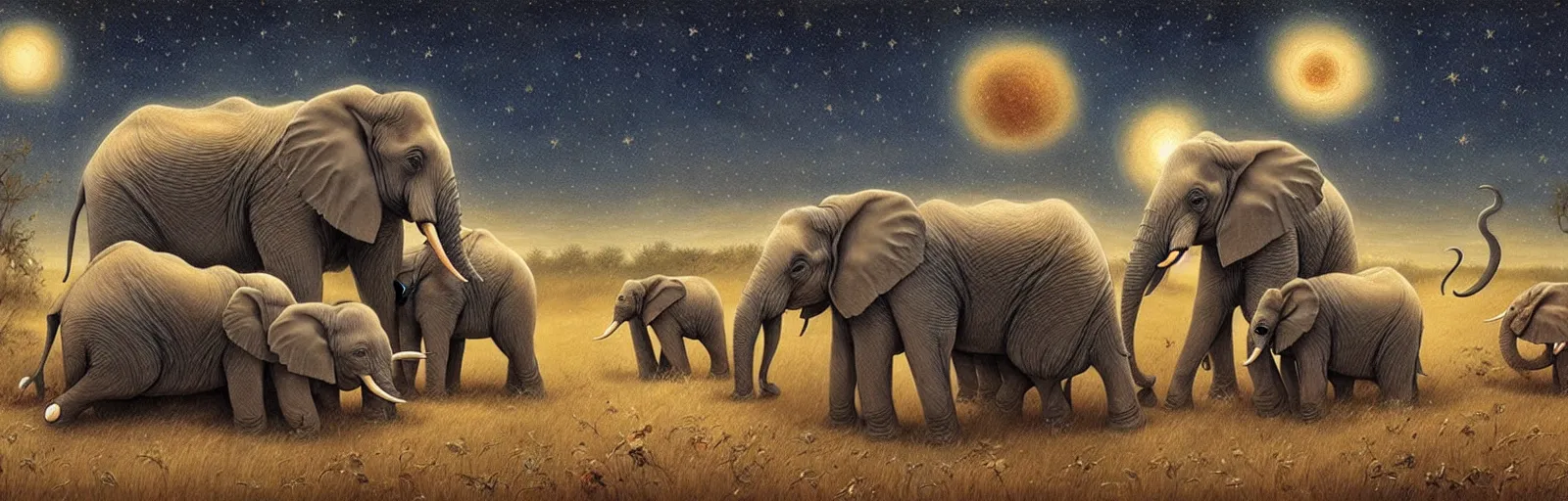 Image similar to two adult elephants and a baby elephants sleeping soundly under a starry sky, small group, surrounded by savannah, illustration, detailed, smooth, soft, warm, by Adolf Lachman, Shaun Tan, Surrealism