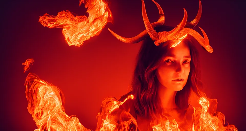 Image similar to portrait of a woman with horns made of flames in the wisps of thick smoke, looking into the camera, studio photography, studio lighting, realistic render, octane render, 4 k, 8 k, face in focus