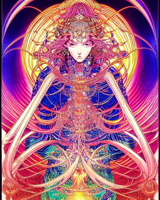 Image similar to hyper detailed illustration of the god of light, prismatic, kami, intricate linework, lighting poster by moebius, ayami kojima, 90's anime, retro fantasy