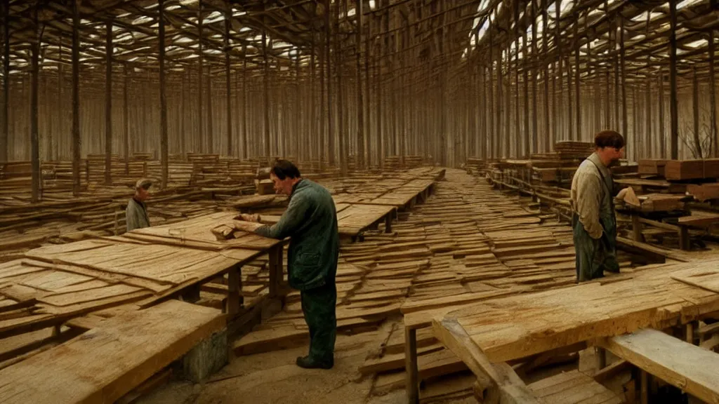 Prompt: a man working in a wood factory, film still from the movie directed by wes anderson with art direction by zdzisław beksinski, wide lens