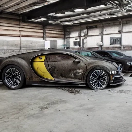 Image similar to an abandoned, derelict, rusty bugatti chiron in a dirty warehouse