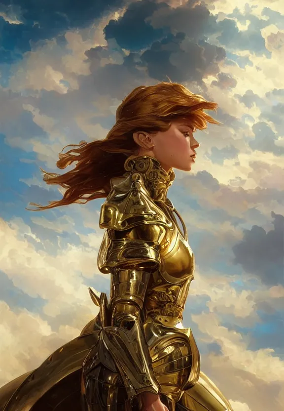 Prompt: A beautiful fierce angel wearing metallic battle armor, posing among heavenly sunlit clouds, close-up shot, intricate, elegant, digital painting, golden hour, cinematic, trending on artstation, concept art, smooth, sharp focus, illustration, art by artgerm and Greg Rutkowski and Alphonse Mucha