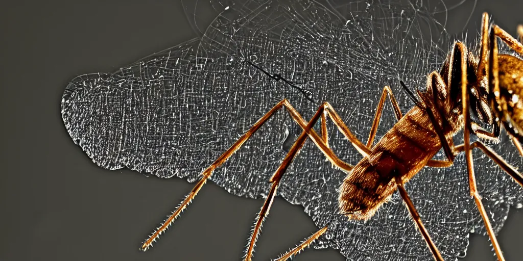 Prompt: extremely detailed macro photograph of a mosquito, blur, glare, veins, transparency, bubbles, professional photography, studio, microscope