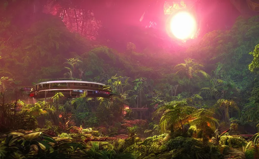 Image similar to a beautiful render of a sci - fi scientific industrial facility localized in a jungle cave, lush flora, patches of yellowish - red - magenta sky, sunset lighting, detailed, hazy, humid, volumetric lighting, god rays, 8 k, photorealistic, raytracing effects, rtx on