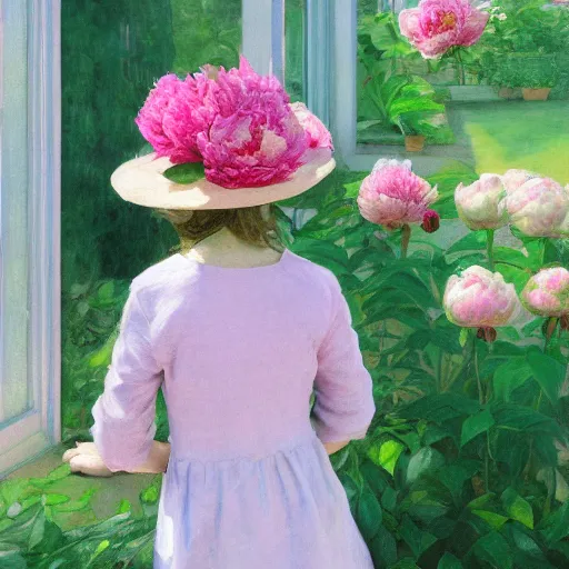 Image similar to a girl in a hat with peonies looks out the window at a blooming garden, rear view, art by vrubel, highly detailed, digital painting, artstation, matte, sharp focus