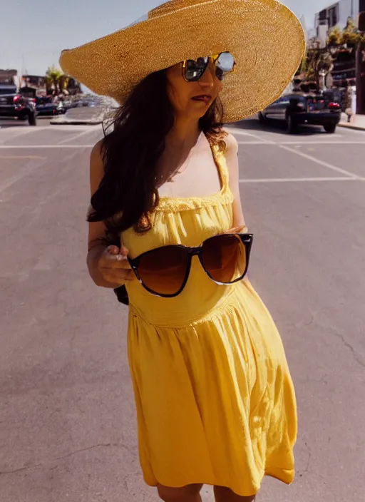 Prompt: a beautiful brown hair woman in a yellow sun dress, wearing sunglasses and a large white hat in downtown Los Angelas, medium full shot, 50mm lens, Kodak Potra 400 film