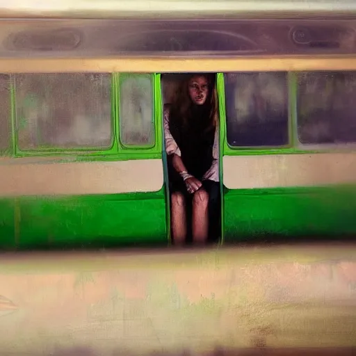 Image similar to portrait of a woman sitting in a bus covered in green paint by casey baugh