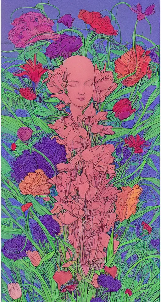 Image similar to beautiful flowers by mœbius, overdetailed art, colorful, record jacket