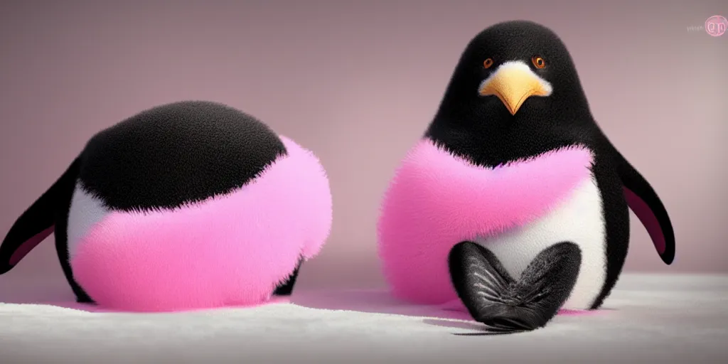 Image similar to cute realistic penguin sitting in an pink fluffy bed, unreal 5