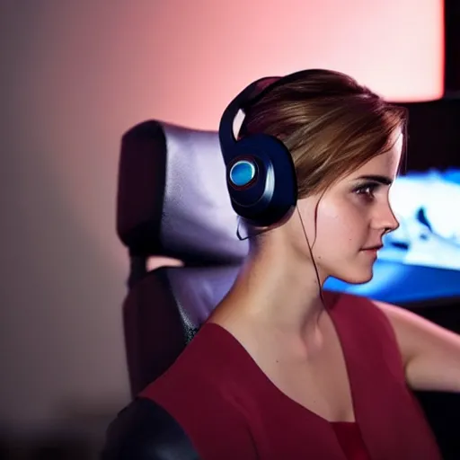 Image similar to emma watson wearing a gaming headset photo sitting on gaming chair dramatic lighting